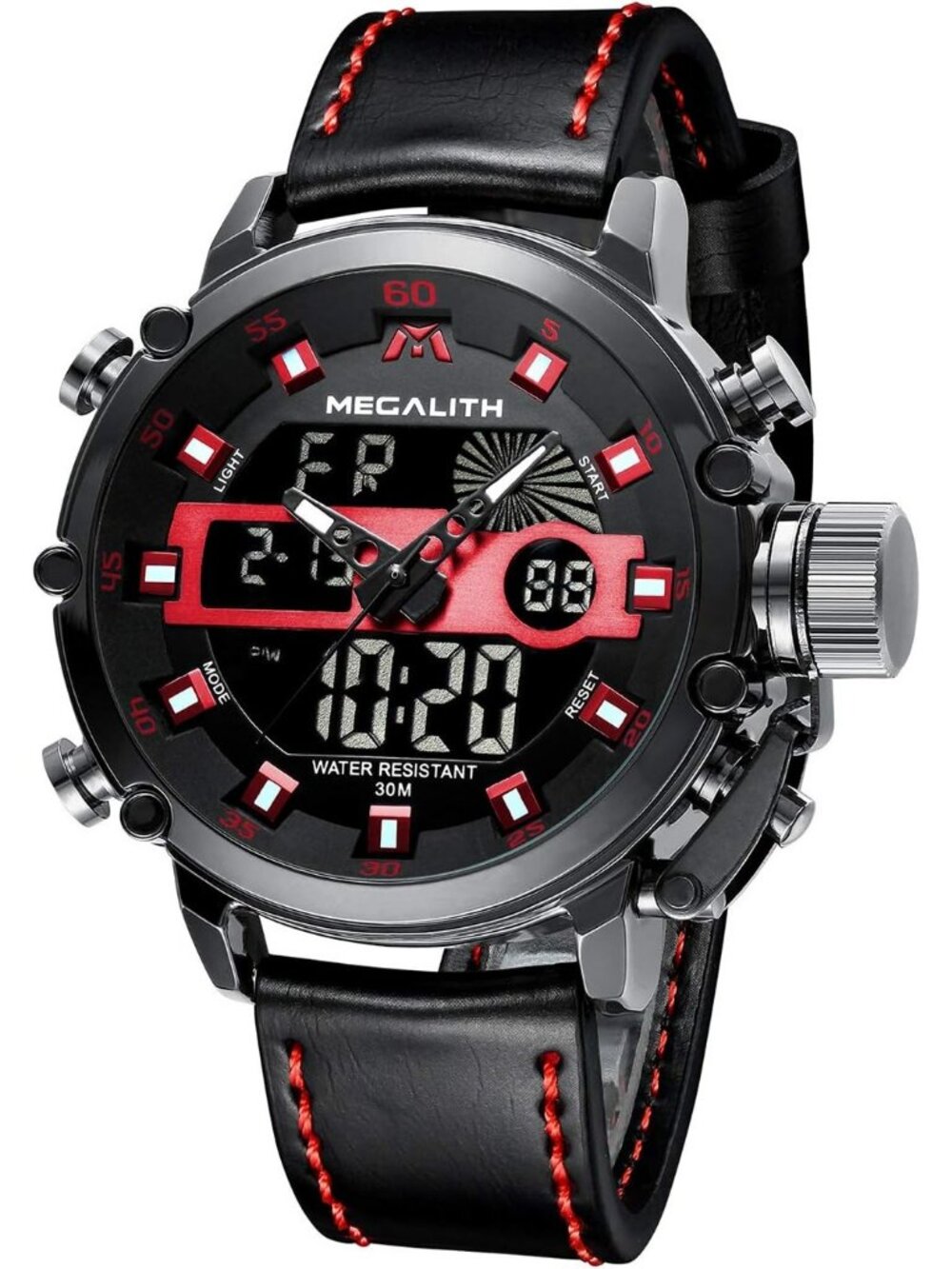 Men's Black And Red Analog Leather Strap Waterproof Multifunction Digital Watch
